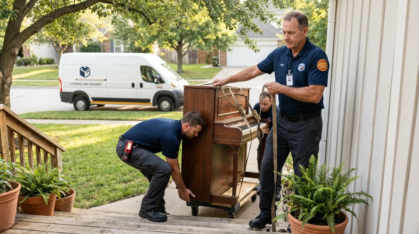 Licensed piano movers securing grand piano in Worth, IL