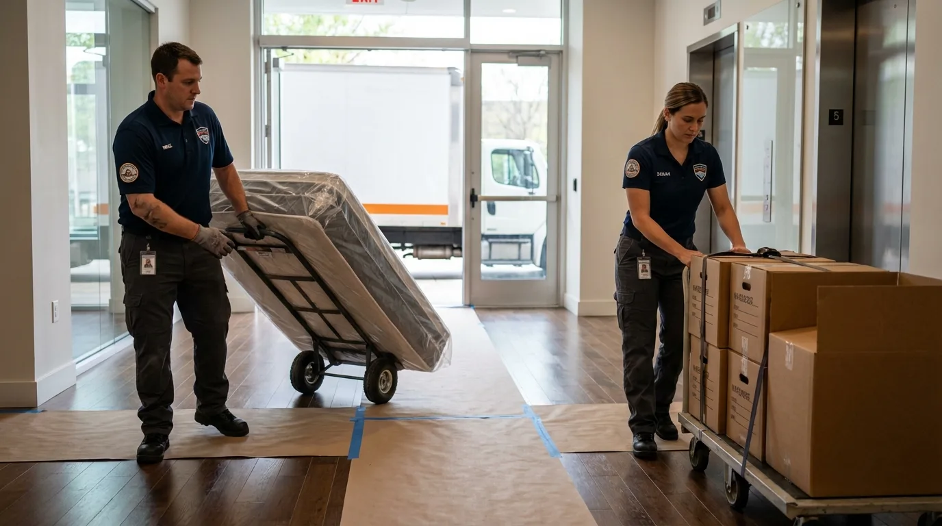 Professional apartment movers loading elevator in Worth, IL