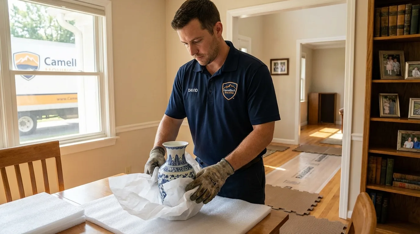 Professional crew carefully wrapping antique vase for senior downsizing move in Worth, IL